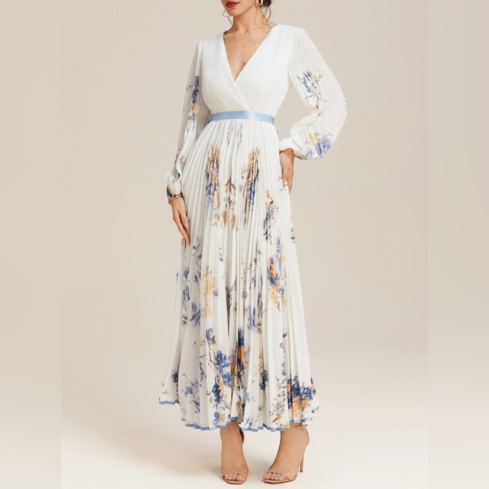 Fehaute Pleated Floral Chiffon V Neck Long Balloon Sleeve A-Line Maxi Dress - Picture 2 of 16